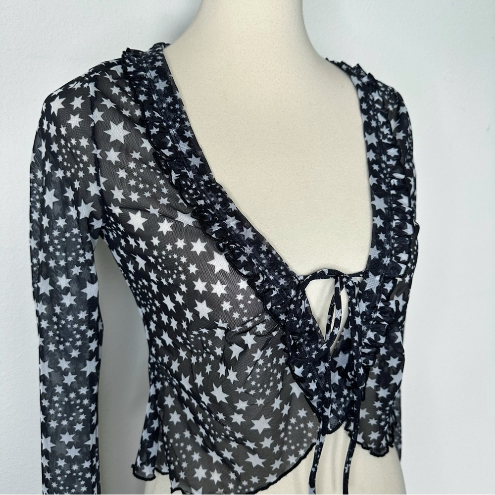 Free People Marne Black Sheer Star-Print Ruffle Tie-Front Top